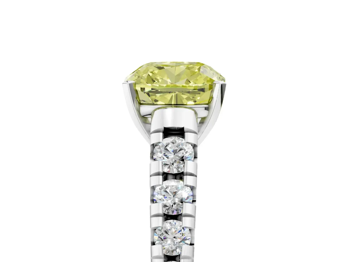 Fancy Yellow Cushion Cut Diamond Cathedral Solitaire Ring with Round Pavé Band Silver