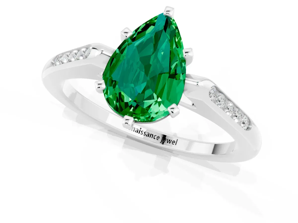 Pear Cut Emerald Solitaire Ring with Channel Set Round Band and Prong Setting Platinum