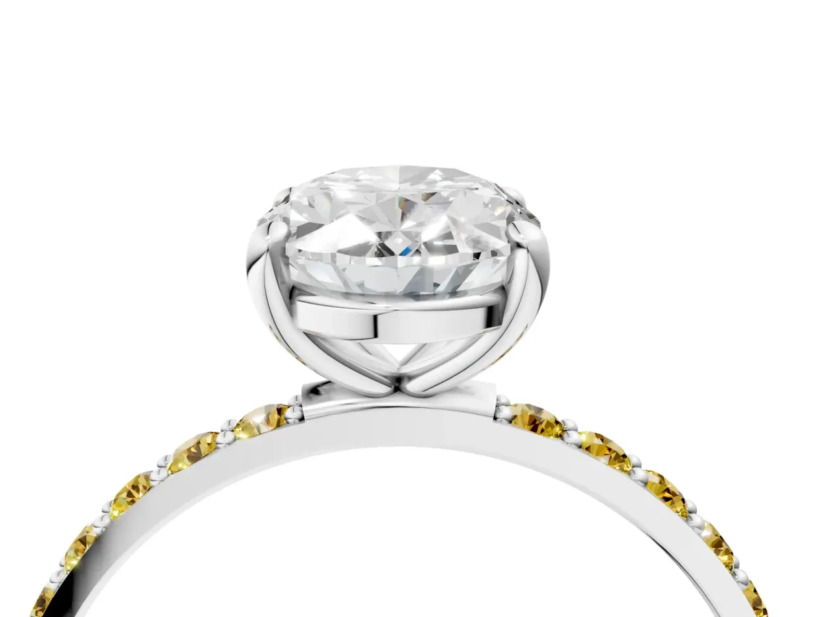 Oval Cut Diamond Solitaire Ring with Round Yellow Sapphire Pavé Band and Prong Setting Silver