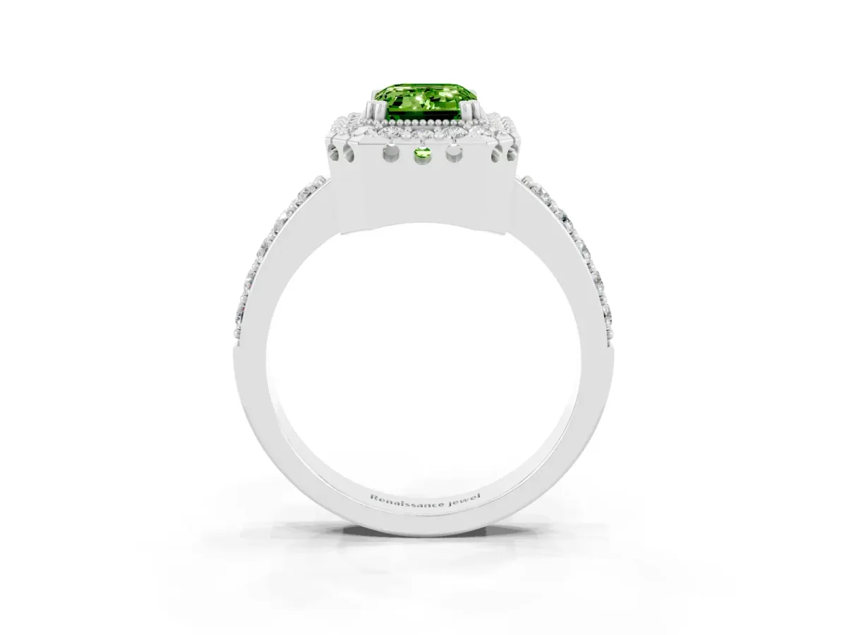 Emerald Cut Peridot Halo Ring with Pavé Band and Prong Setting White gold