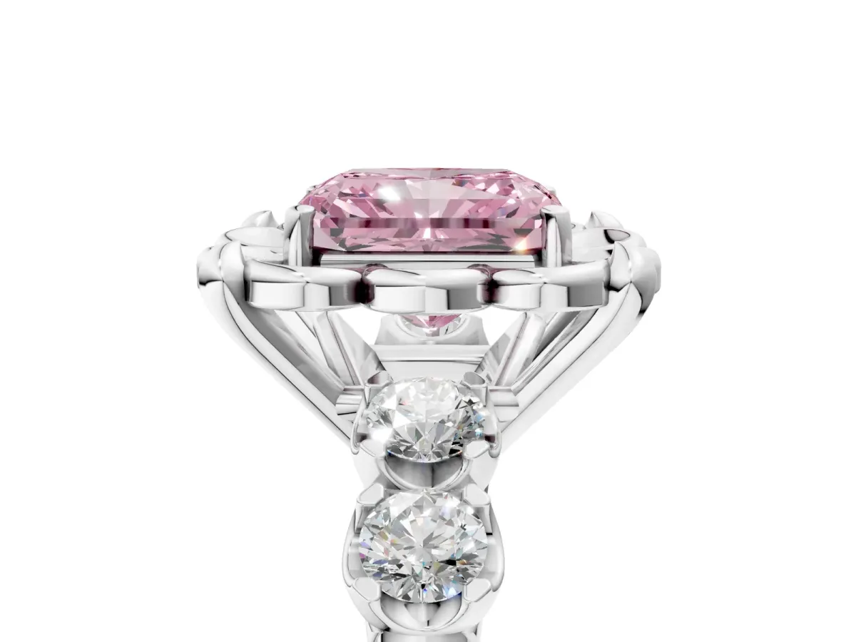 Fancy Pink Radiant Cut Cut Diamond Floral Halo Engagement Ring with Shared Prong Setting Silver