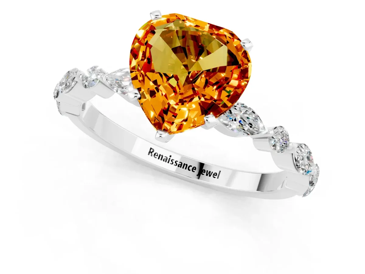 Heart Cut Citrine Ring with Marquise and Round Side Stones and Four-Prong Setting Silver