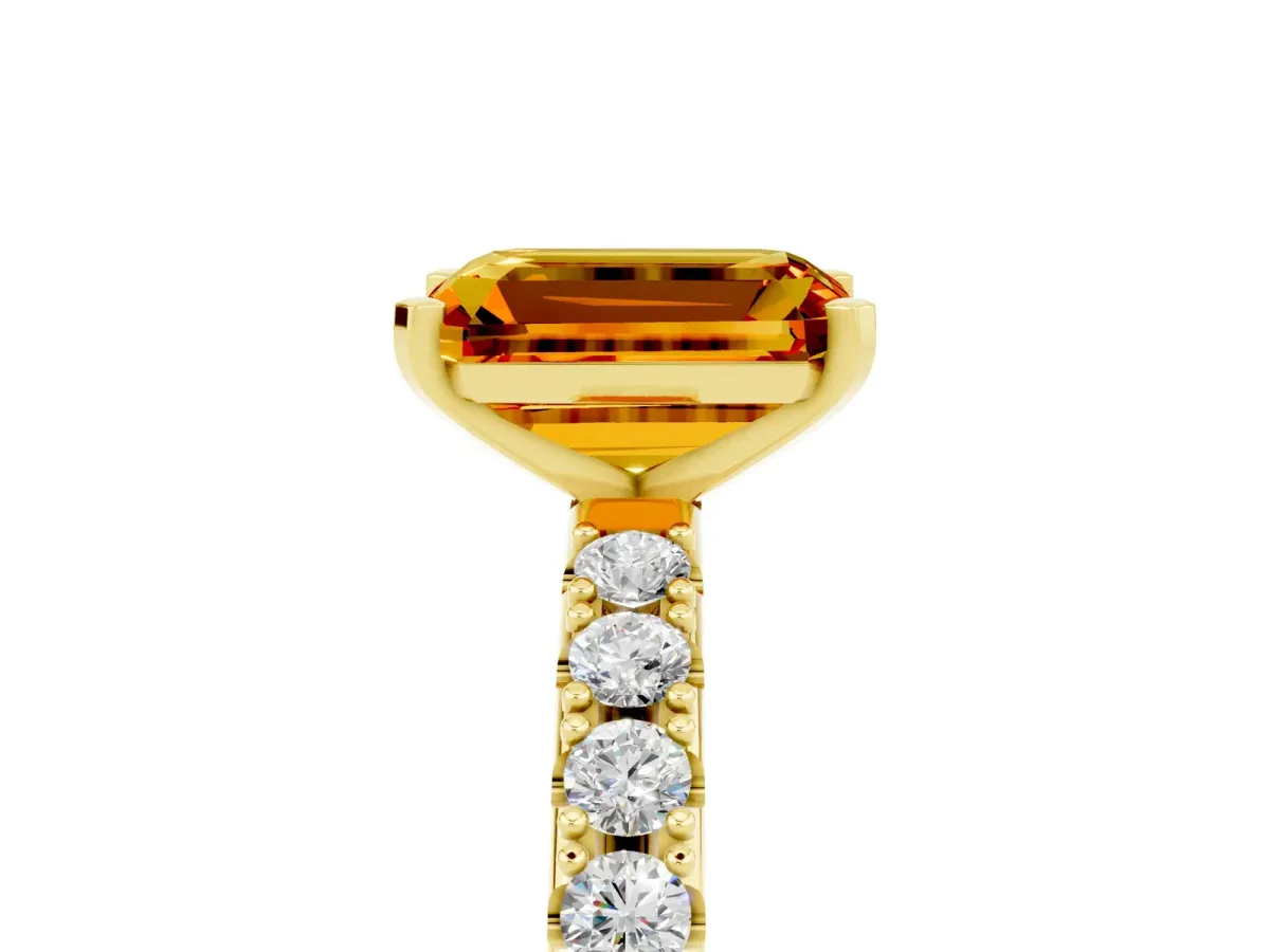 Emerald Cut Citrine Solitaire Pavé Band with Four-Prong Setting Yellow gold
