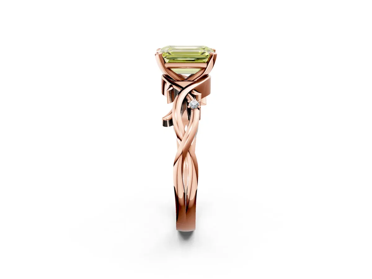 Fancy Yellow Emerald Cut Diamond Solitaire Ring with Twisted Band and Prong Setting Rose gold