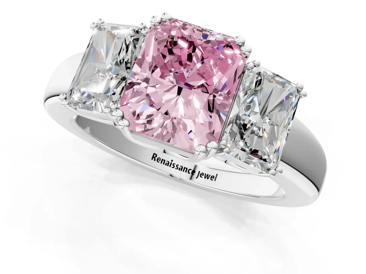 Fancy Pink Three-Stone Radiant Cut Cut Diamond Ring with Channel Set Band and Four-Prong Setting Silver