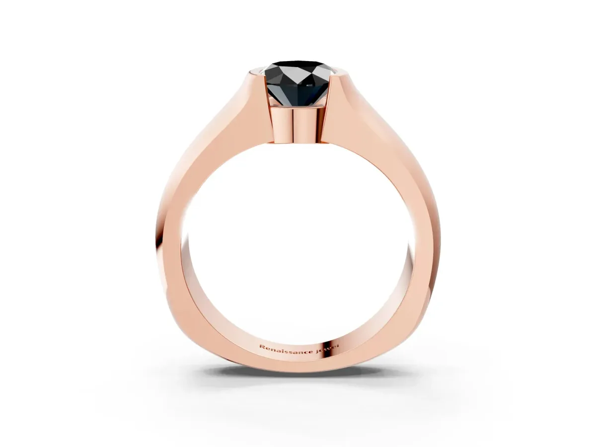 Fancy Black Oval Cut Solitaire Bezel Set Diamond Ring with Wide Band Rose gold