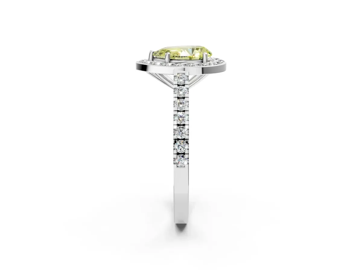 Fancy Yellow Pear Cut Diamond Halo Ring with Round Pavé Split Shank and Prong Setting Platinum
