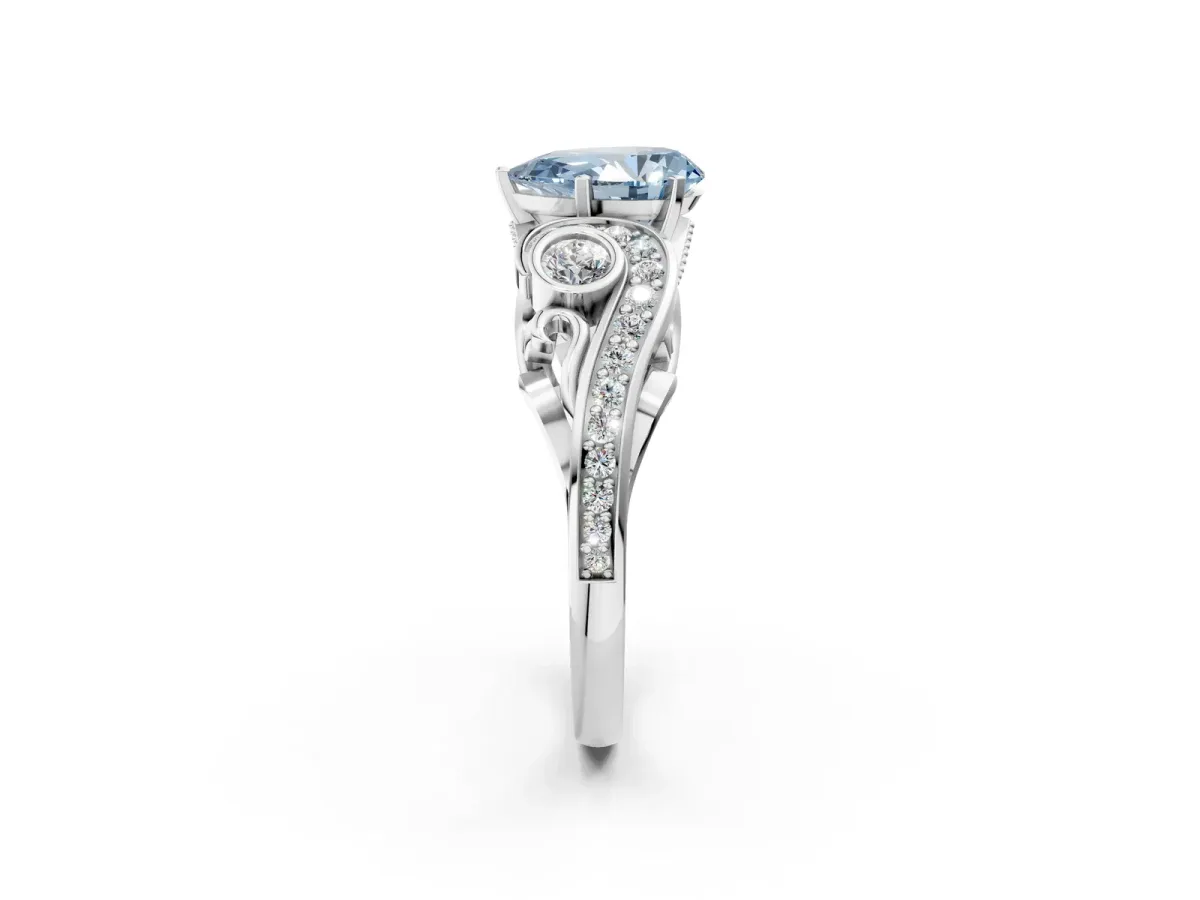Fancy Blue Pear Cut Diamond Solitaire Ring with Milgrain Pavé Band and Four-Prong Setting Silver