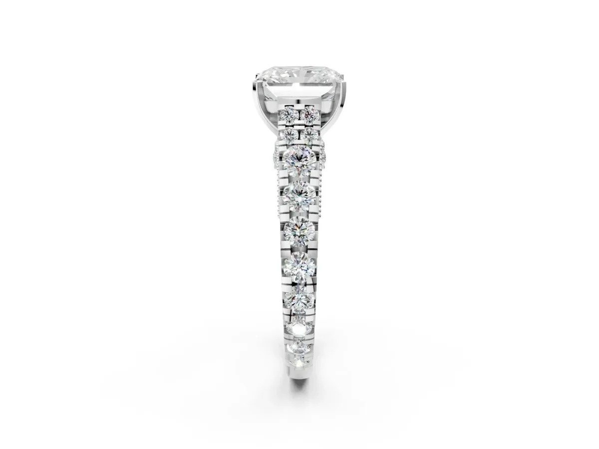 Radiant Cut Diamond Classic Solitaire Ring with Pavé Band and Four-Prong Setting Silver