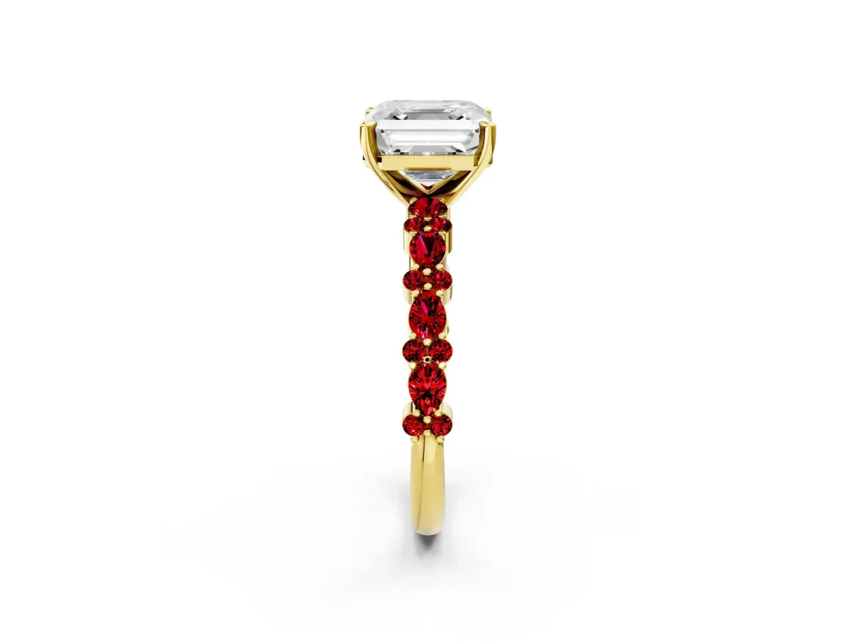 Asscher Cut Diamond Side Stone Solitaire Ring with Round Ruby and Four-Prong Setting Yellow gold