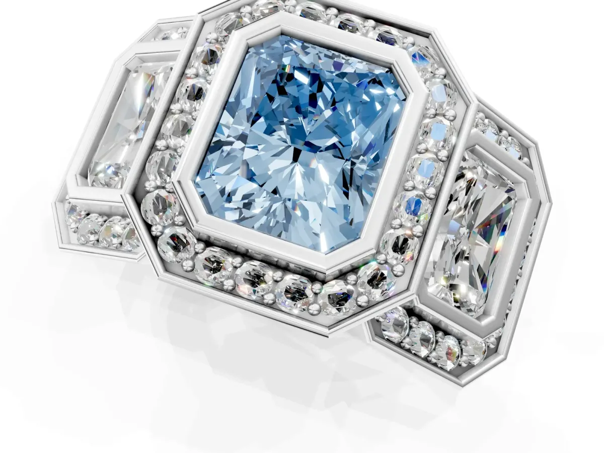 Fancy Blue Three-Stone Radiant Cut Halo Pavé Diamond Ring Platinum