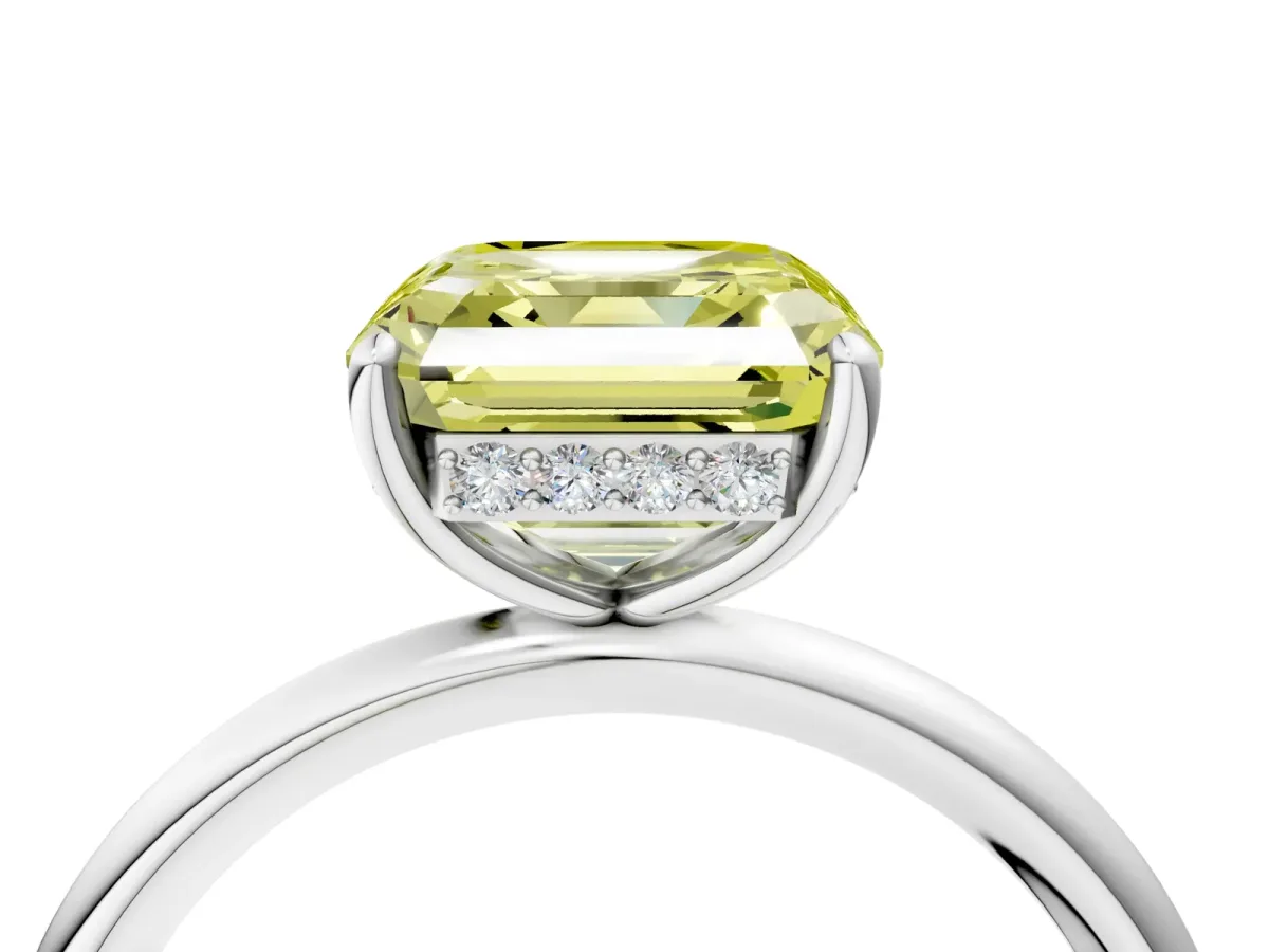 Fancy Yellow Asscher Cut Solitaire Diamond Ring with a Classic Band and Four-Prong Setting Platinum