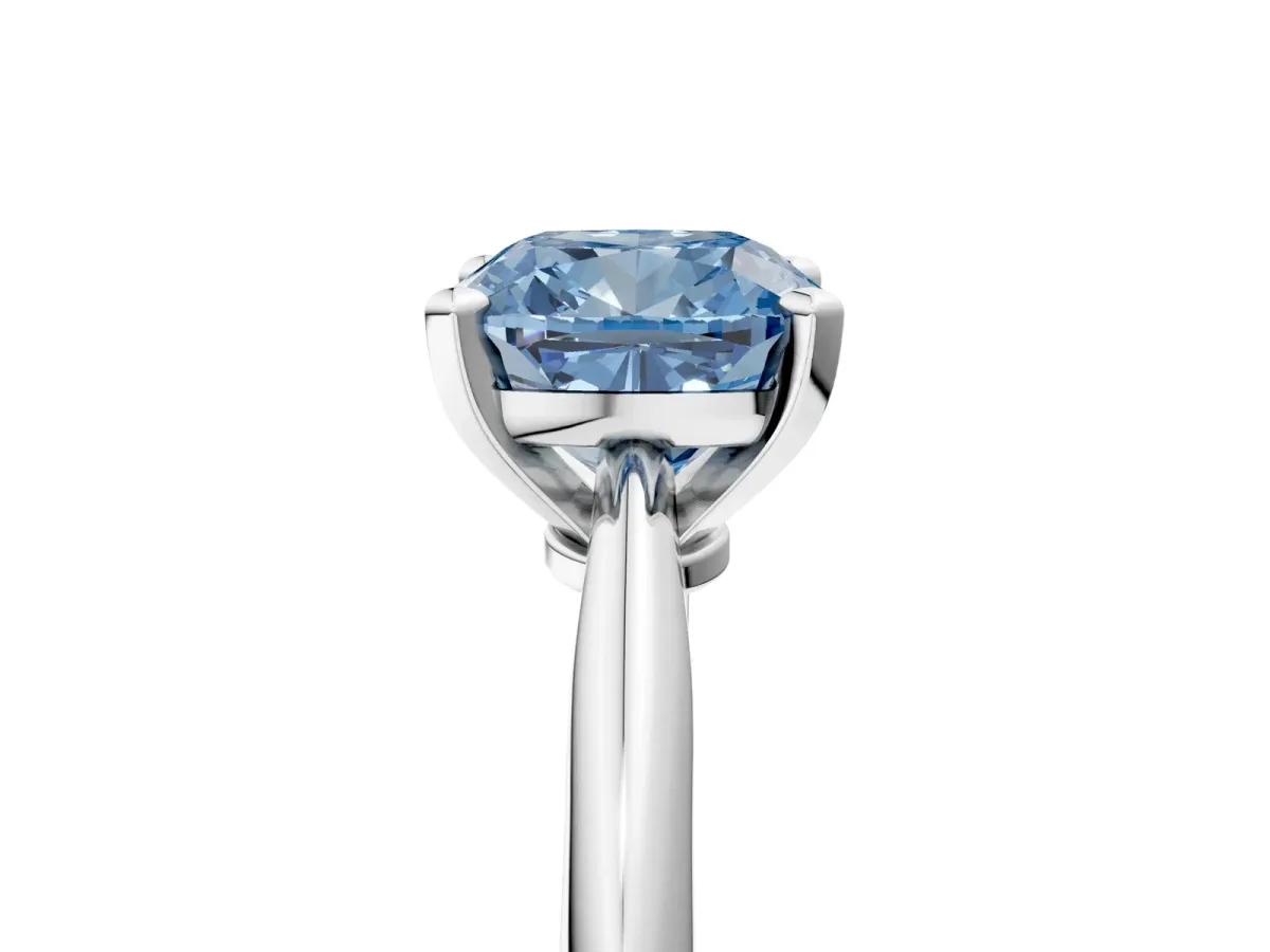 Fancy Blue Cushion Cut Diamond Solitaire Engagement Ring with Classic Band and Four-Prong Setting Silver