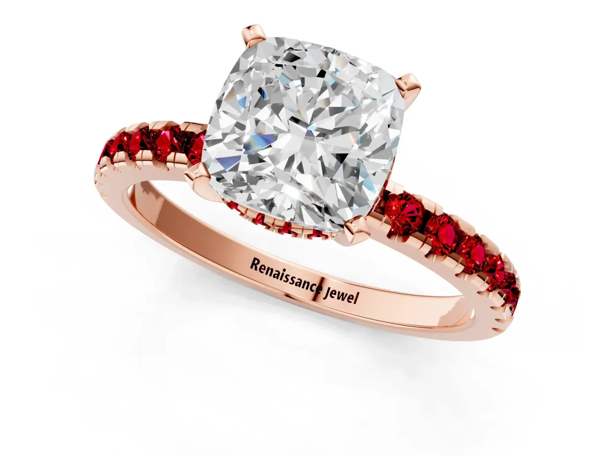 Cushion Cut Diamond Solitaire Ring with Round Ruby Pavé Band and Four-Prong Setting Rose gold