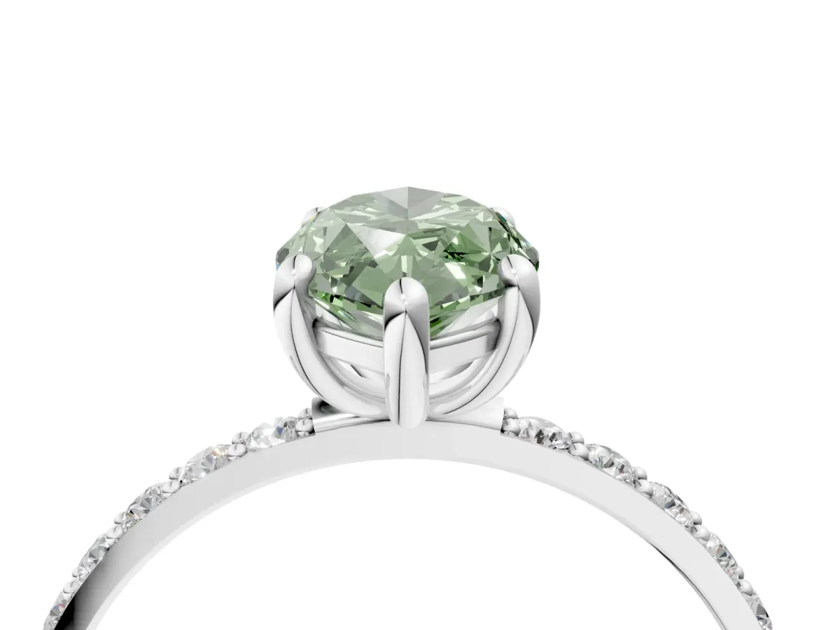Fancy Green Marquise Cut Diamond Solitaire Ring with Round Pavé Band and Prong Setting Silver