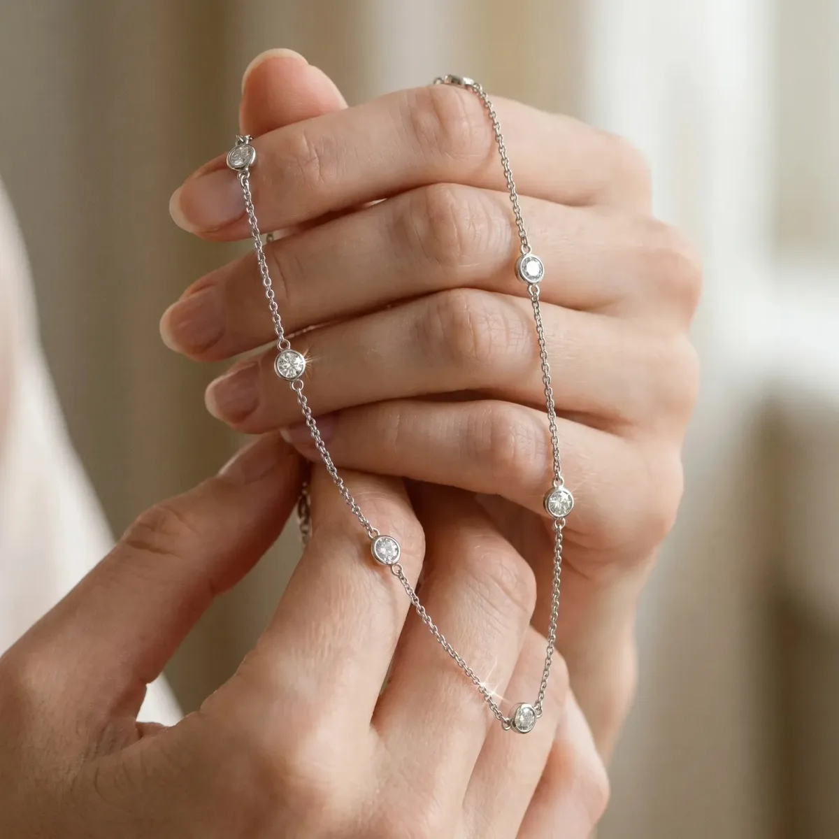 Bezel-Set Round Diamond Station Necklace with Cable Chain White gold