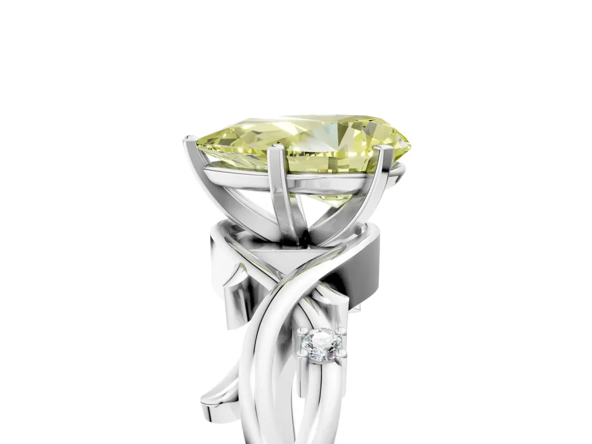 Fancy Yellow Pear Cut Diamond Solitaire Ring with Twisted Band and Prong Setting Silver