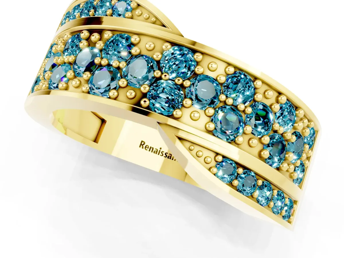Pavé Round Blue Topaz Crossover Band with Bead Prong Setting Yellow gold