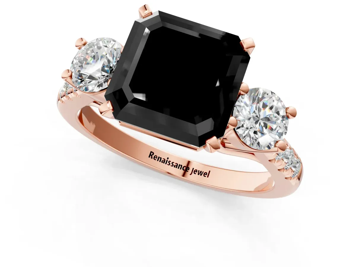 Fancy Black Three-Stone Asscher Cut Diamond Pavé Band with Four-Prong Setting Rose gold