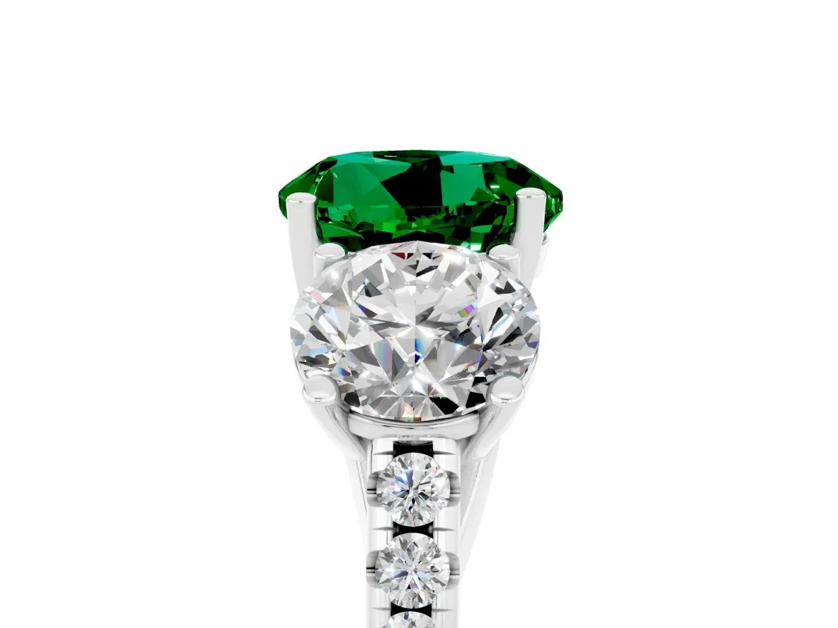 Three-Stone Round Cut Emerald Ring with Round Pavé Band and Prong Setting Silver