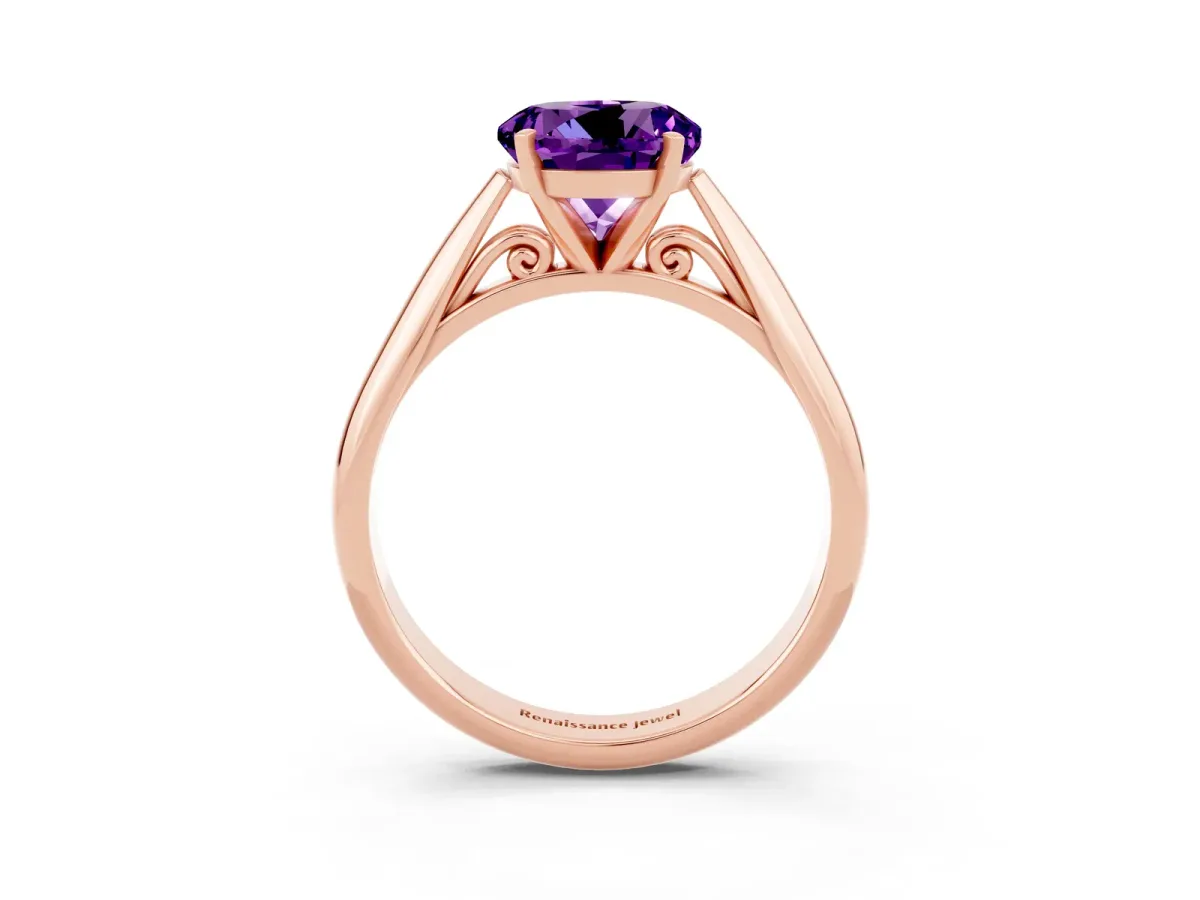 Round Cut Amethyst Solitaire Engagement Ring with Cathedral Setting and Four-Prong Mount Rose gold