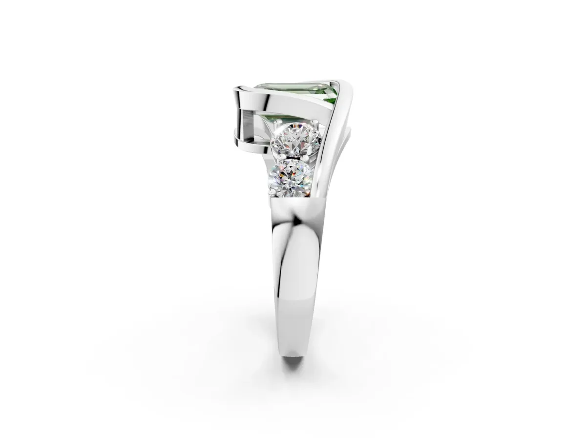 Fancy Green Bezel Set Emerald Cut Diamond Bypass Ring with Round Accents Platinum