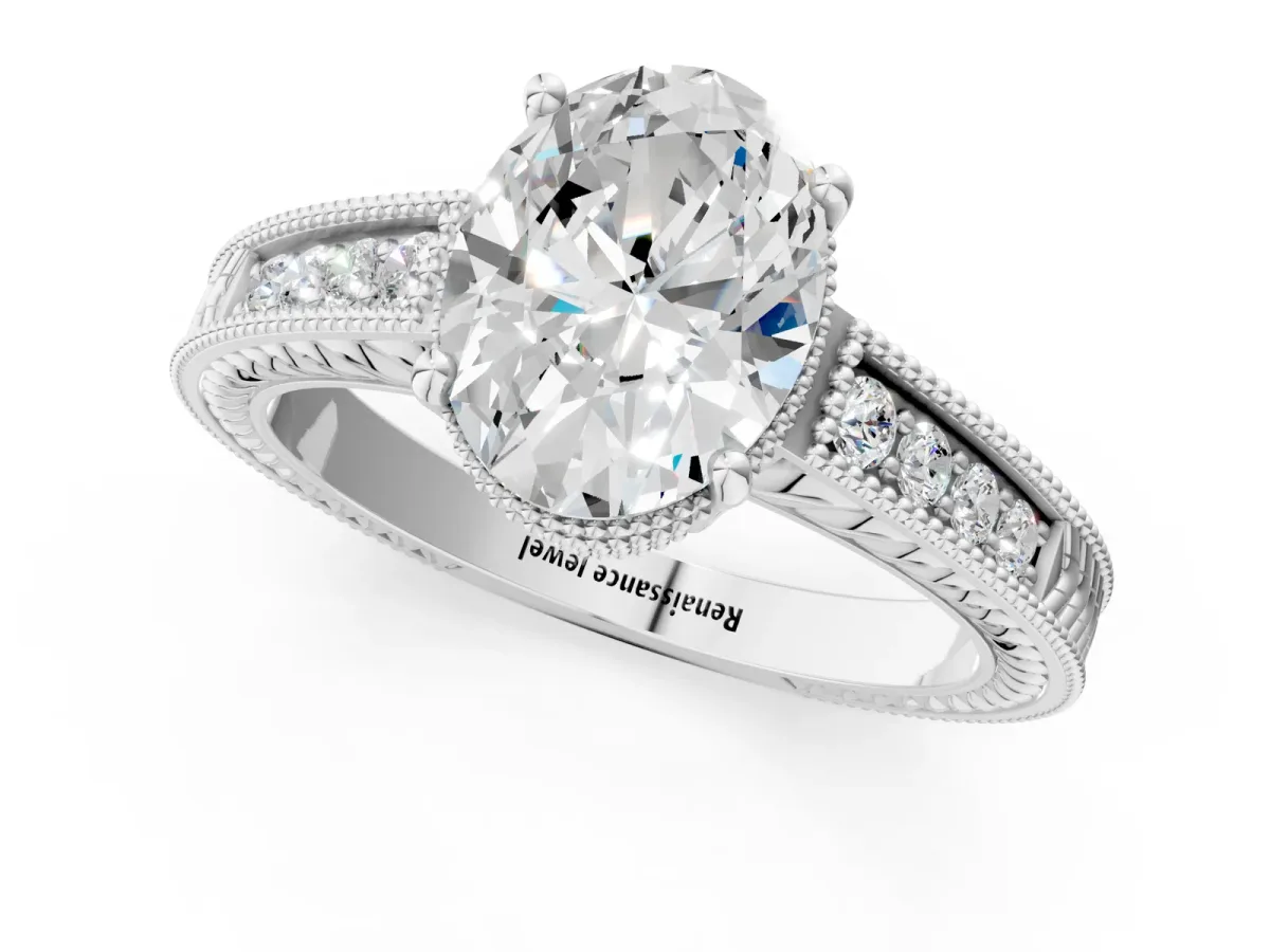Oval Cut Diamond Engagement Ring with Milgrain Channel Set Band and Prong Setting Platinum