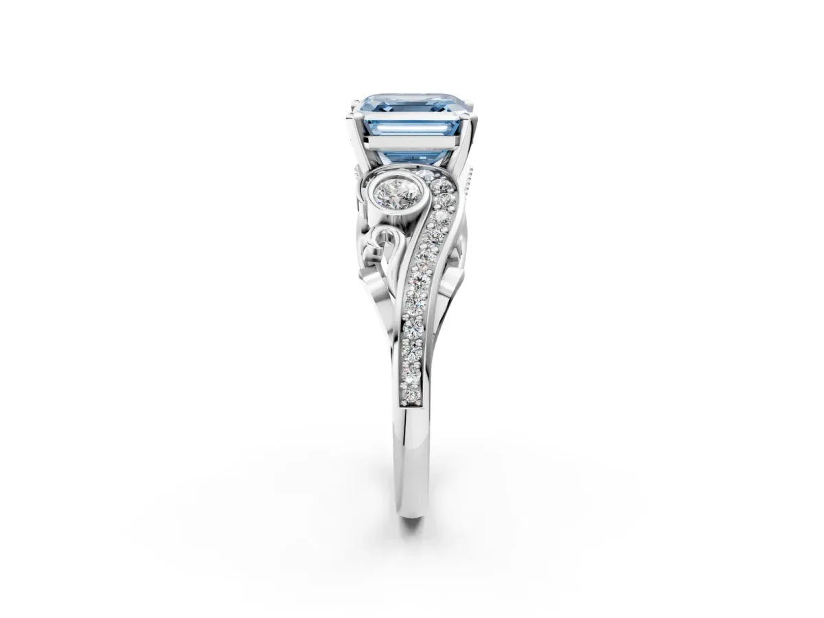 Fancy Blue Asscher Cut Diamond Solitaire Ring with Milgrain Pavé Band and Four-Prong Setting Silver