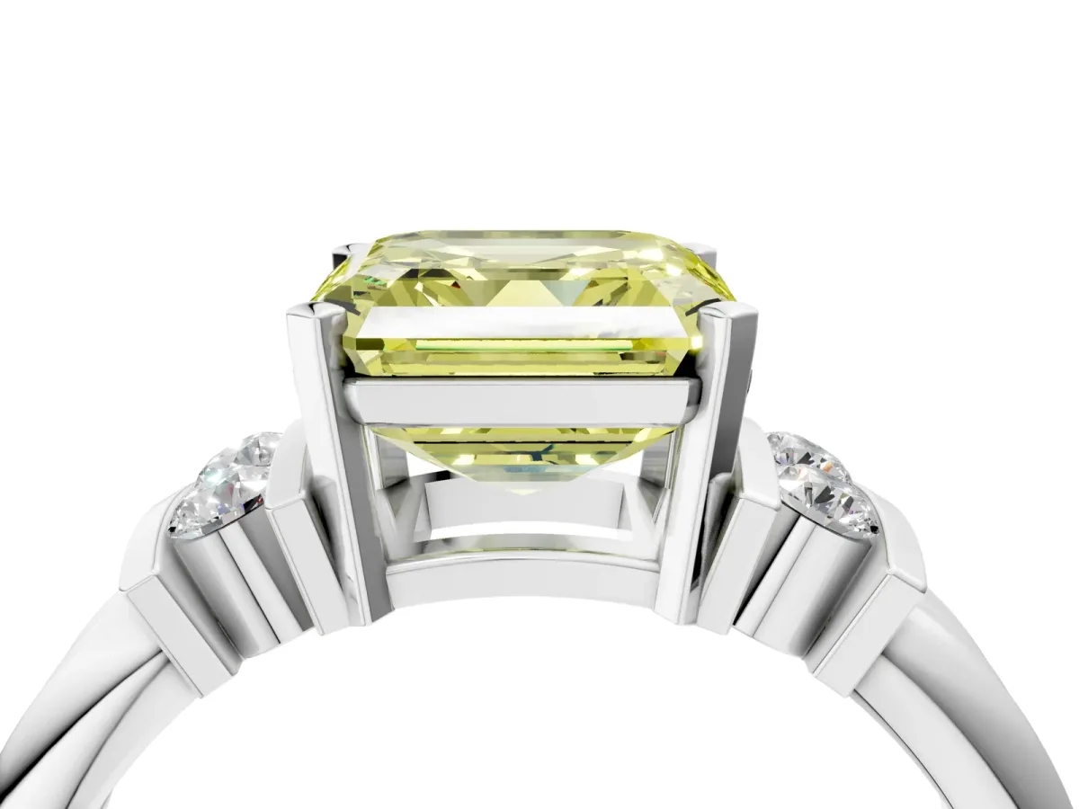 Fancy Yellow Asscher Cut Cut Three-Stone Channel Set Ring with Bar Prongs Platinum