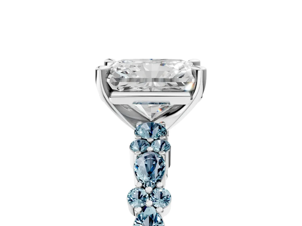 Radiant Cut Diamond Side Stone Solitaire Ring with Round Aquamarine and Four-Prong Setting Silver