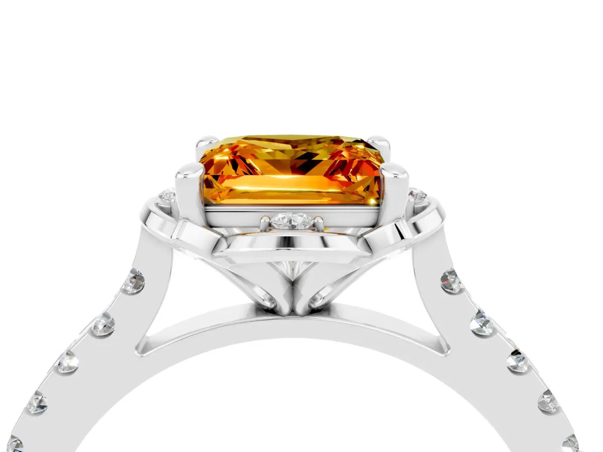Princess Cut Citrine Ring with Pavé Band and Floral Prong Setting Silver