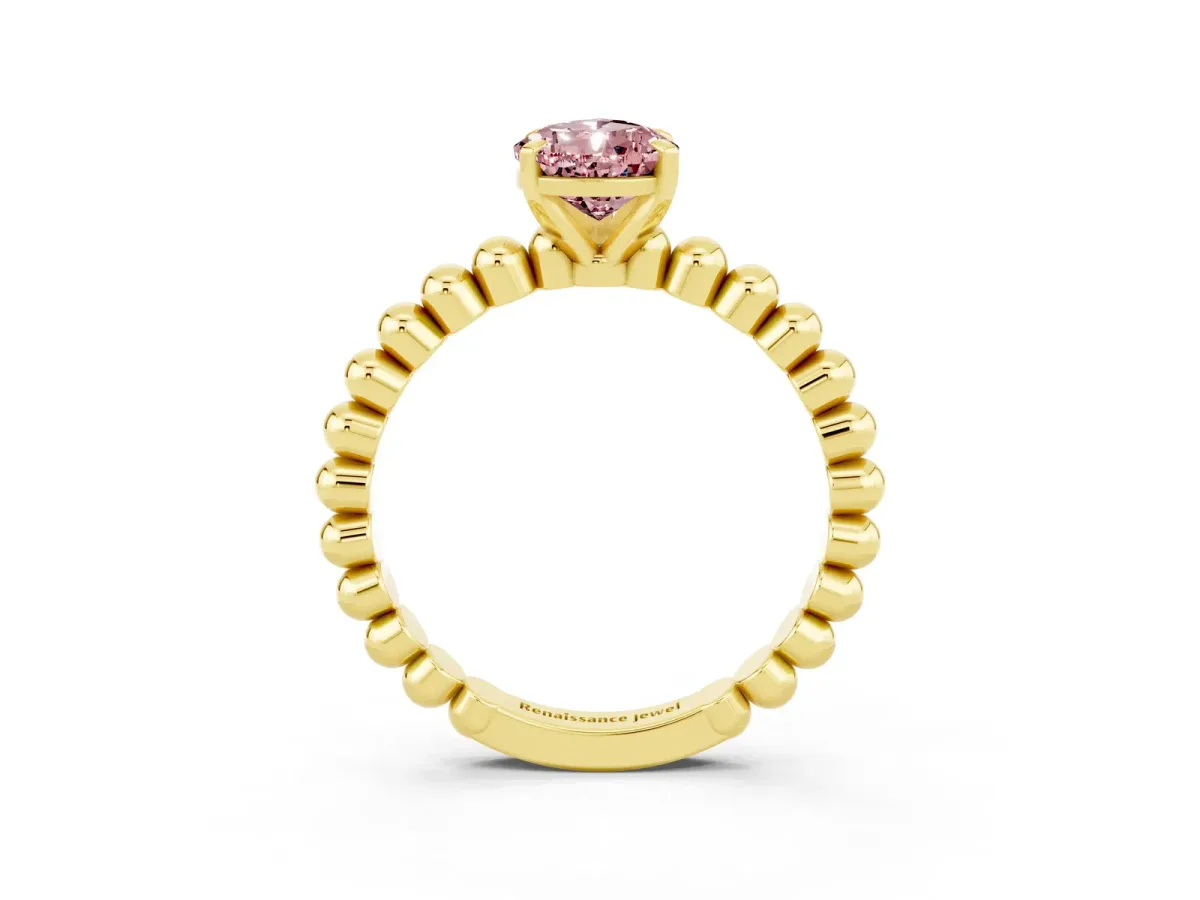 Pear Cut Morganite Solitaire Ring with Beaded Band and Prong Setting Yellow gold