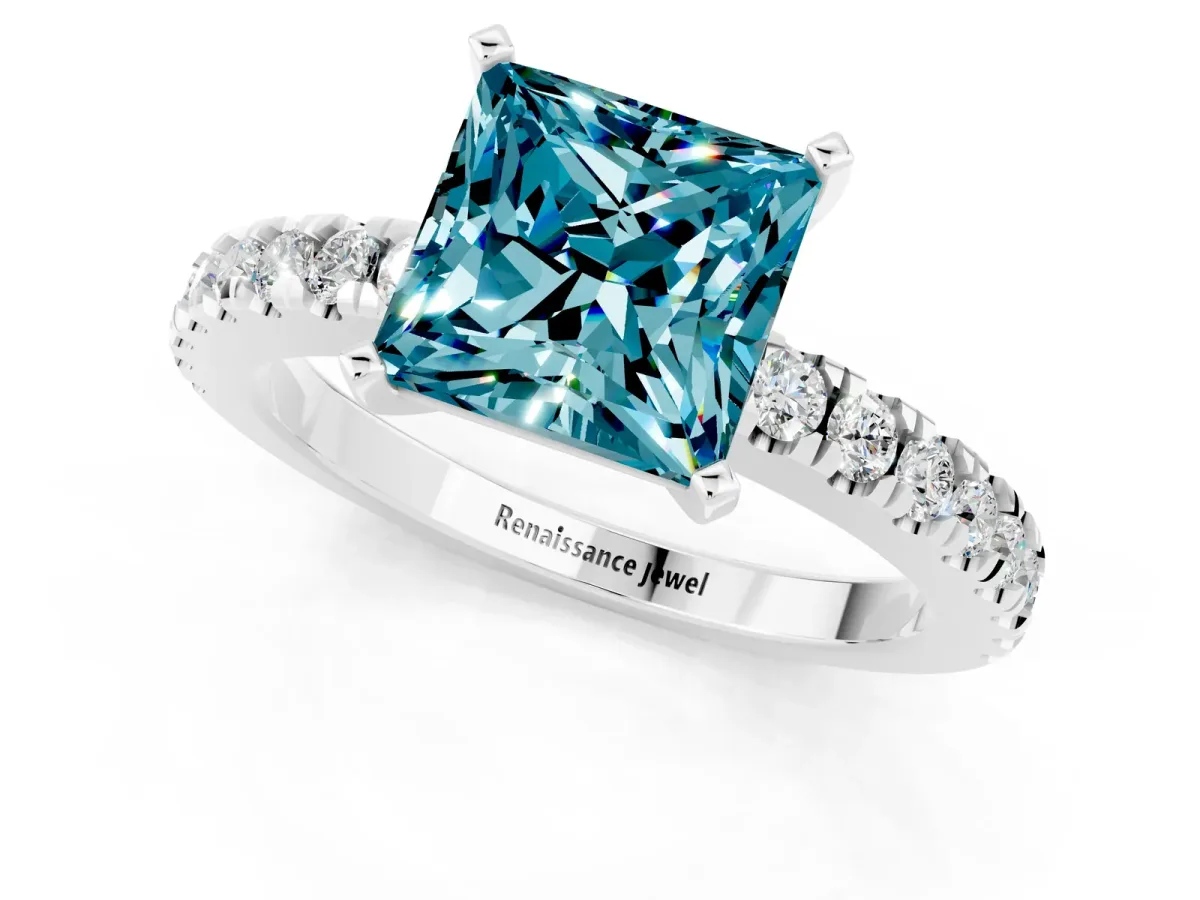Princess Cut Solitaire Blue Topaz with Pavé Band and Four-Prong Setting Silver