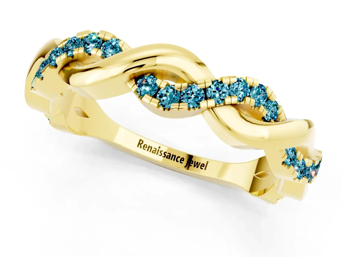 Pavé Round Blue Topaz Twist Eternity Band with Shared Prong Setting Yellow gold