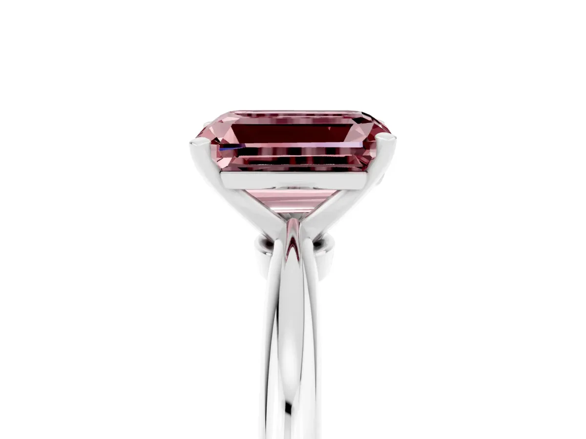 Emerald Cut Morganite Solitaire Ring with Six-Prong Setting and Classic Band Platinum