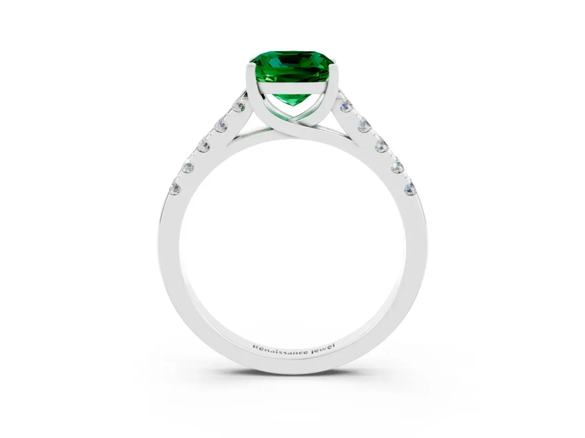 Cushion Cut Emerald Pavé Band Solitaire Ring with Prong Setting Platinum