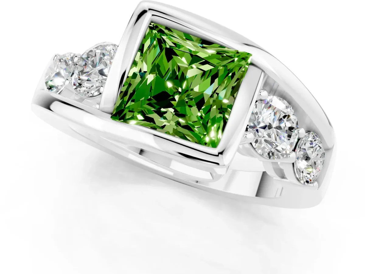 Bezel Set Princess Cut Peridot Bypass Ring with Round Accents Silver