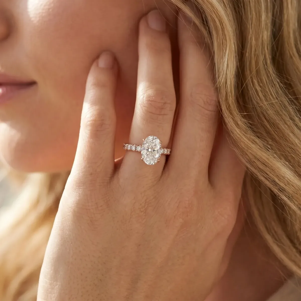 Oval Cut Diamond Pave Band Solitaire Ring with Round and Prong Setting Rose gold