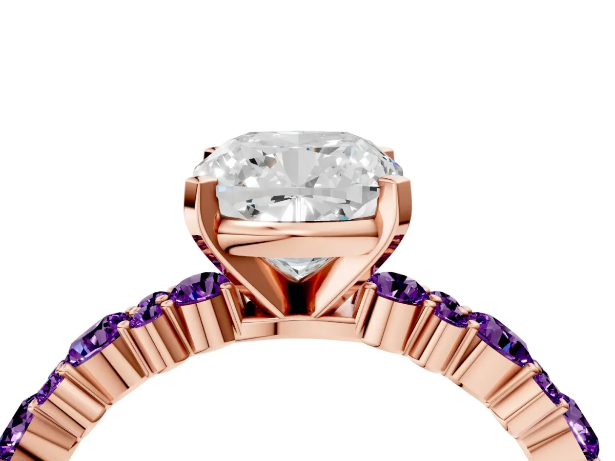 Cushion Cut Diamond Side Stone Solitaire Ring with Round Amethyst and Four-Prong Setting Rose gold