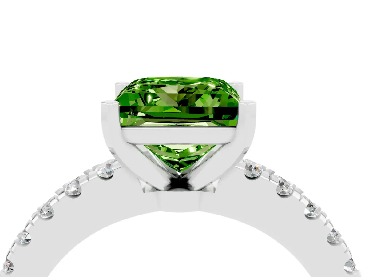 Princess Cut Solitaire Peridot with Pavé Band and Four-Prong Setting Platinum