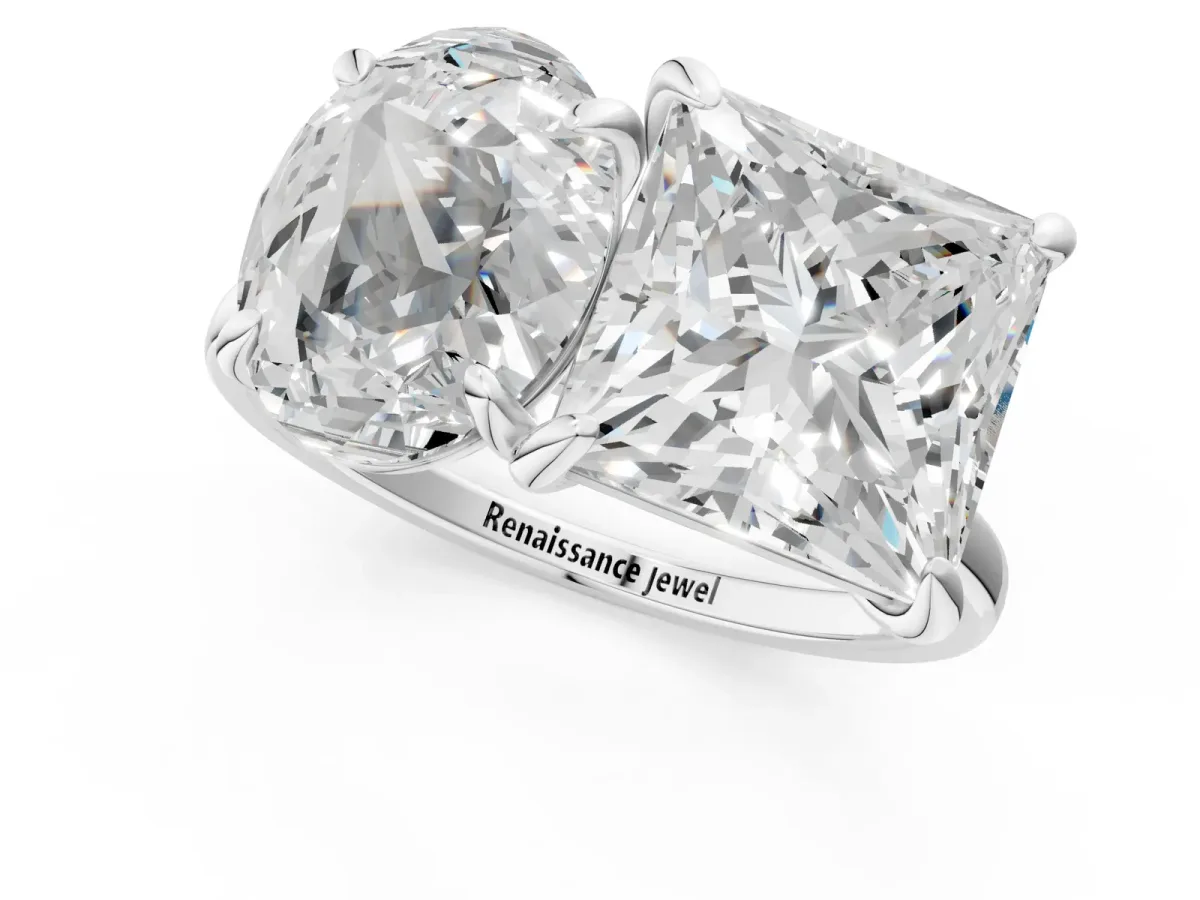 Oval and Princess Toi Moi Ring with Prong Setting and Plain Band White gold