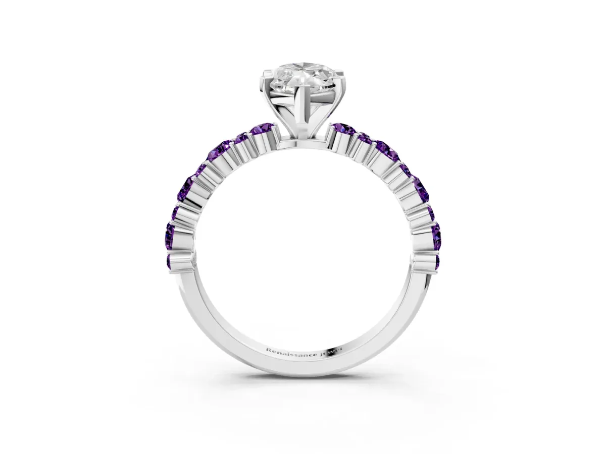 Marquise Cut Diamond Side Stone Solitaire Ring with Round Amethyst and Four-Prong Setting Platinum