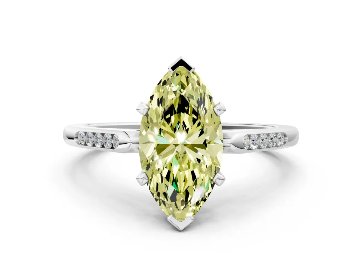 Fancy Yellow Marquise Cut Diamond Solitaire Ring with Channel Set Round Band and Prong Setting Silver