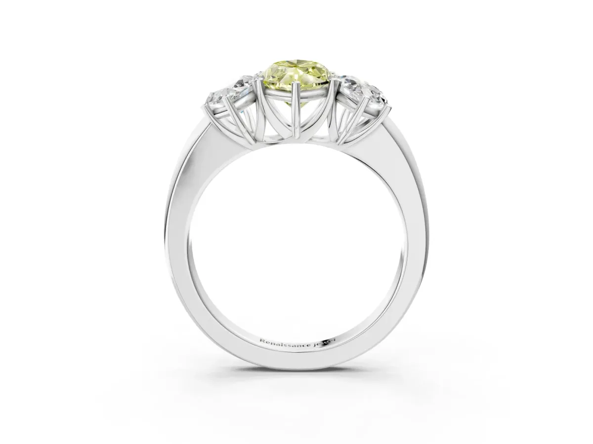 Fancy Yellow Marquise Cut Diamond Three-Stone Ring with Four-Prong Setting and Classic Band Platinum