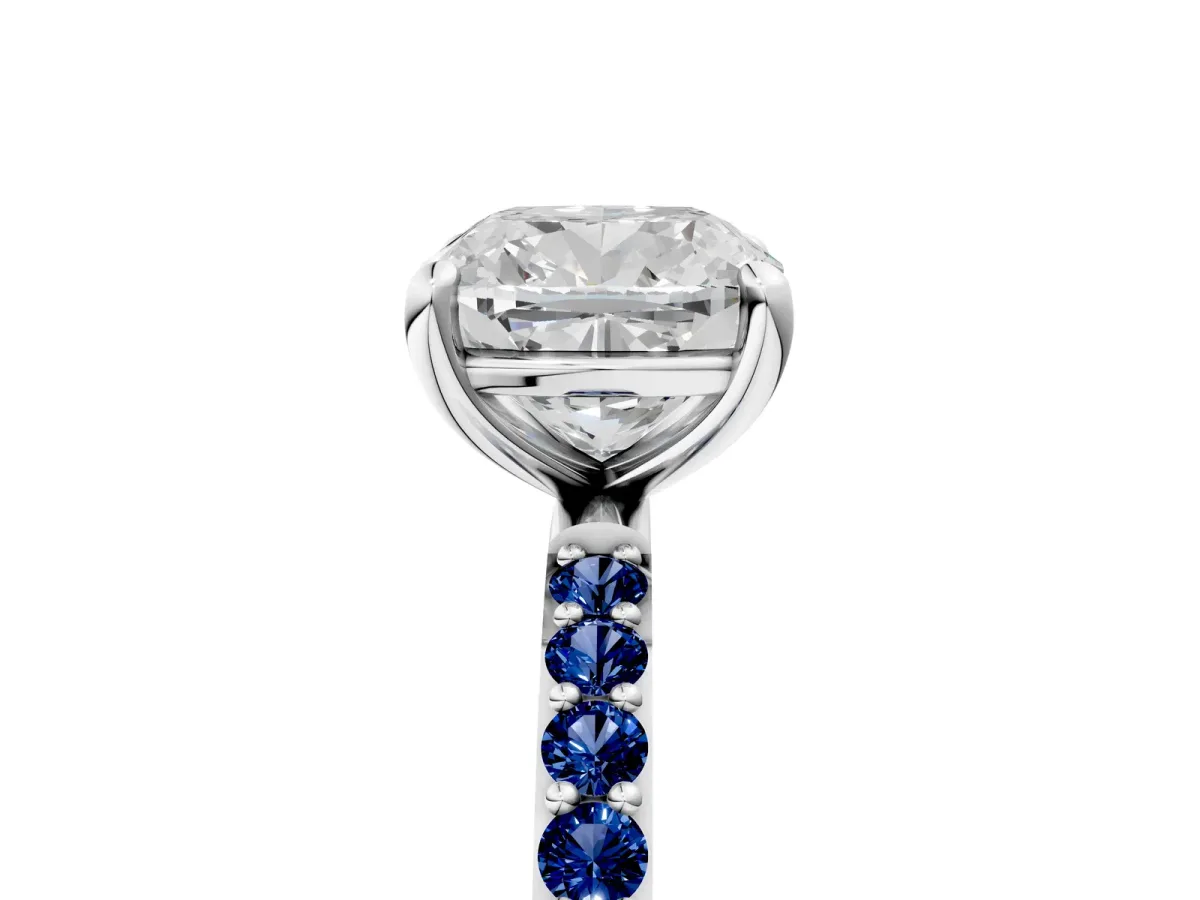Cushion Cut Diamond Solitaire Ring with Round Blue Sapphire Pavé Band and Prong Setting Silver