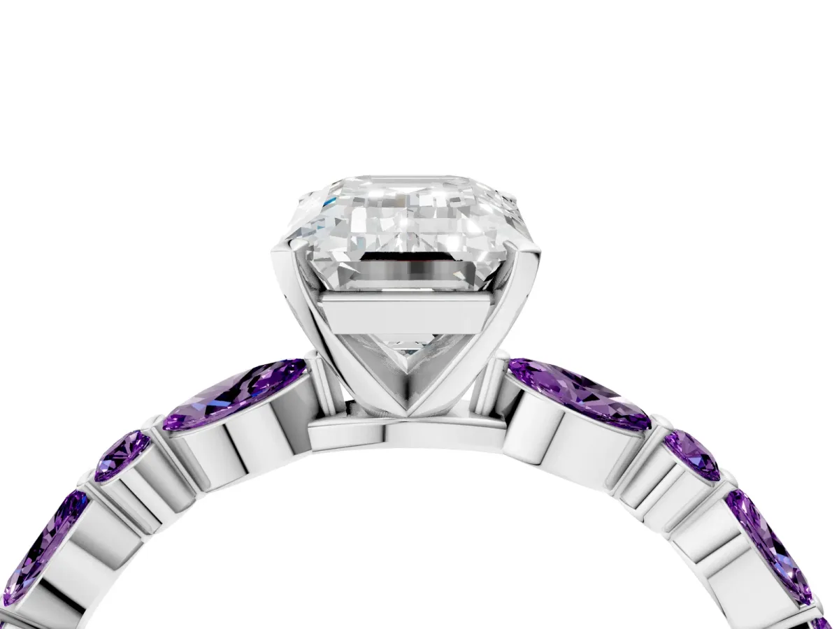 Emerald Cut Diamond Ring with Marquise and Round Amethyst Side Stones and Four-Prong Setting Silver