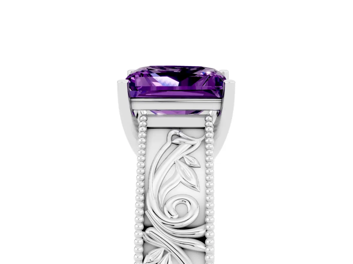 Princess Cut Amethyst Solitaire Ring with Engraved Band and Four-Prong Setting White gold