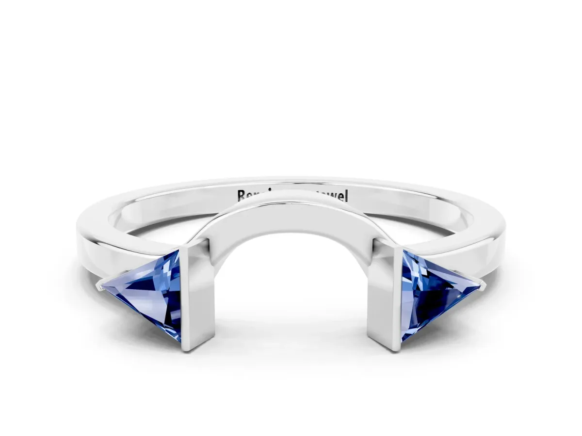 Trillion Blue Sapphire Open Band Ring with Bezel Setting Silver