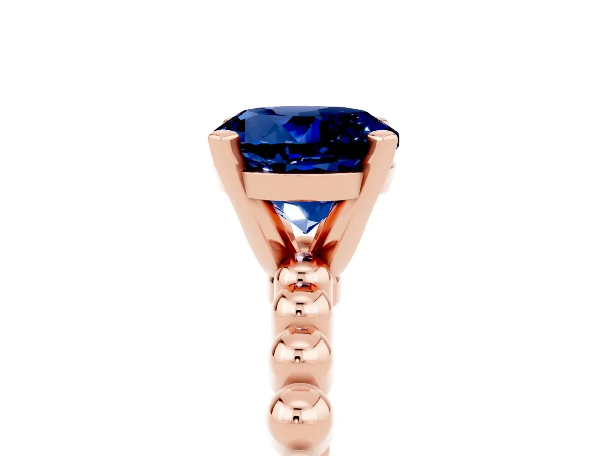 Round Cut Blue Sapphire Solitaire Ring with Beaded Band and Prong Setting Rose gold