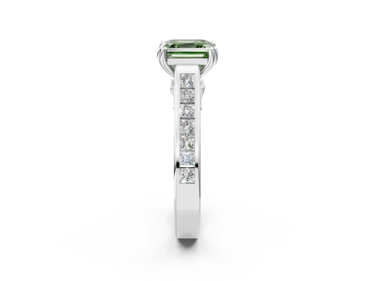 Fancy Green Asscher Cut Cut Channel Set Solitaire Engagement Ring with Prong Setting Platinum